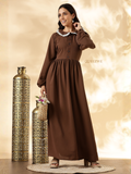 Cey Modest Maxi Dress in Brown with Button Details and Puff Sleeves, perfect for casual occasions