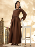 Cey Modest Maxi Dress in brown with ruffled collar and long sleeves for stylish comfort
