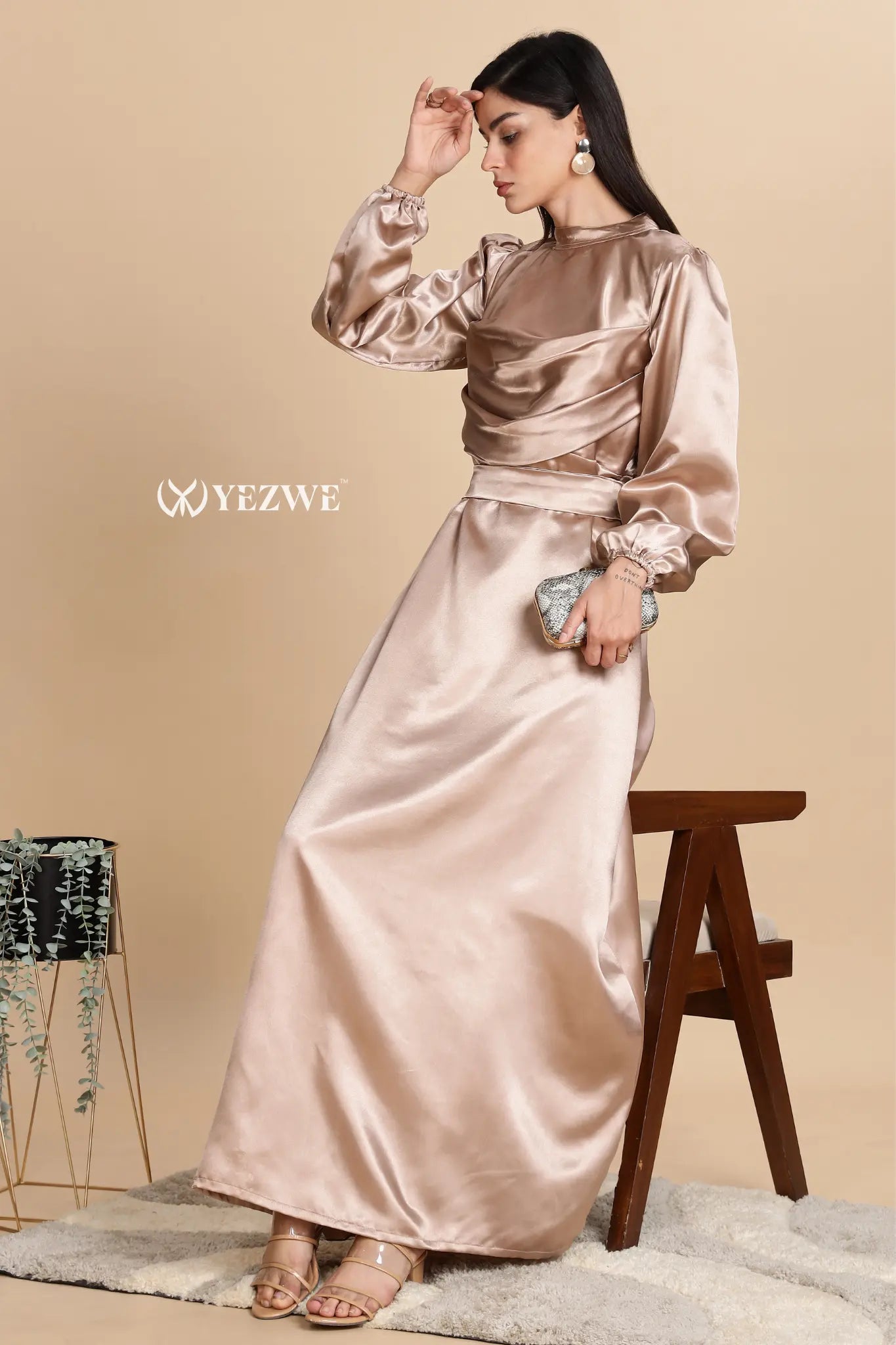 Golden Satin Maxi Dress by YEZWE featuring puff sleeves and a flowy silhouette