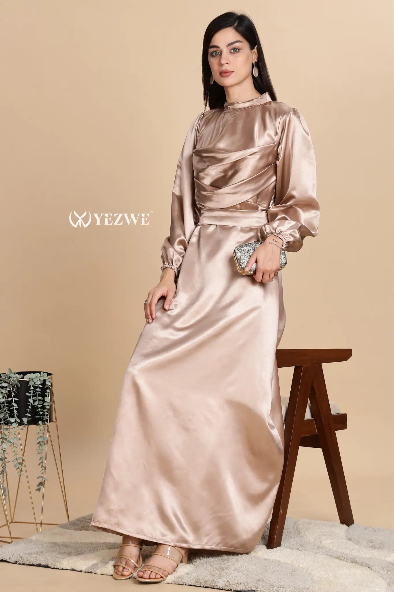 Elegant Golden Satin Maxi Dress by YEZWE with long sleeves for formal occasions