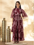 YEZWE Modest Maxi Dress in Burgundy with Flowy Sleeves and Floral Pattern for Elegant Occasions