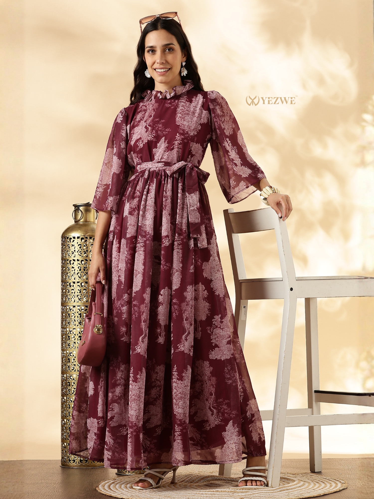 YEZWE modest maxi dress in burgundy floral print with sleeves and a waist tie for elegant style