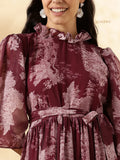 YEZWE Modest Maxi Dress in Deep Burgundy with Ruffled Neckline and Elegant Floral Print