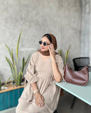 YEZWE modest Occassion Wear beige flare dress featuring stylish sleeves and a relaxed fit
