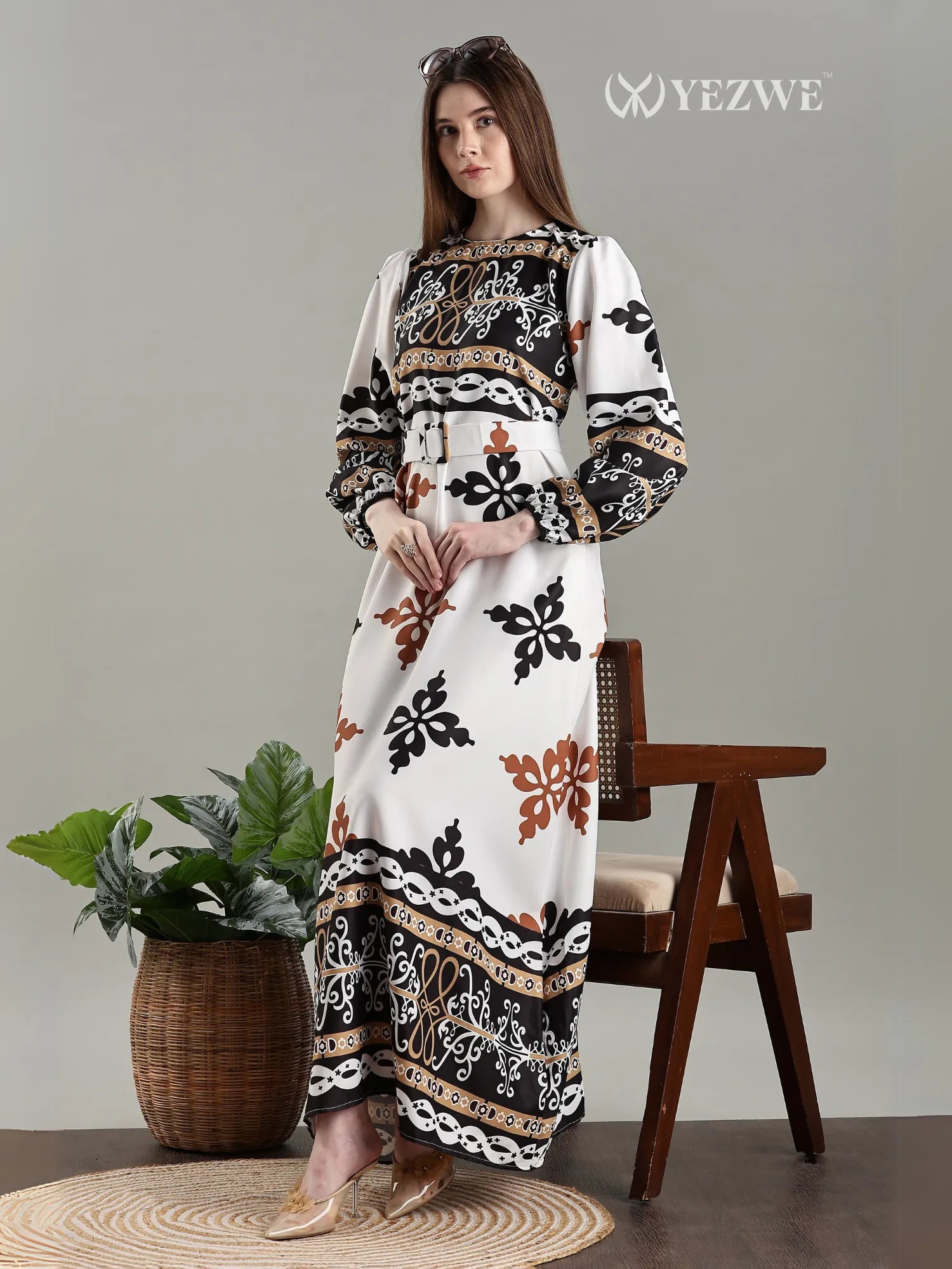 YEZWE Arabic Print Belted Full Length MODEST Maxi Dress with Elegant Pattern and Long Sleeves