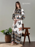 YEZWE Arabic Print Belted Full Length MODEST Maxi Dress with Elegant Pattern and Long Sleeves