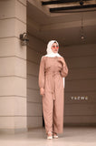Yezwe belted front open jumpsuit in beige with long sleeves and a stylish design for casual occasions