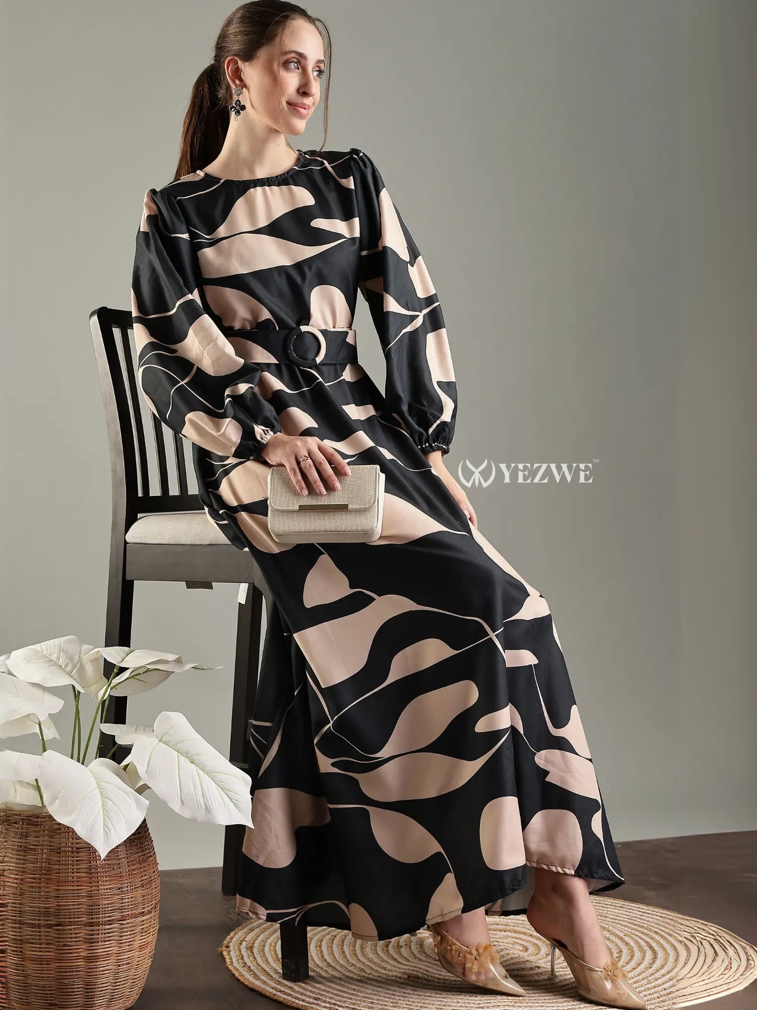 Yezwe Black and Nude Abstract Print Maxi Dress β Long Sleeve Belted Modest Wear