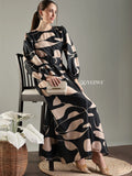 Yezwe Black and Nude Abstract Print Maxi Dress – Long Sleeve Belted Modest Wear