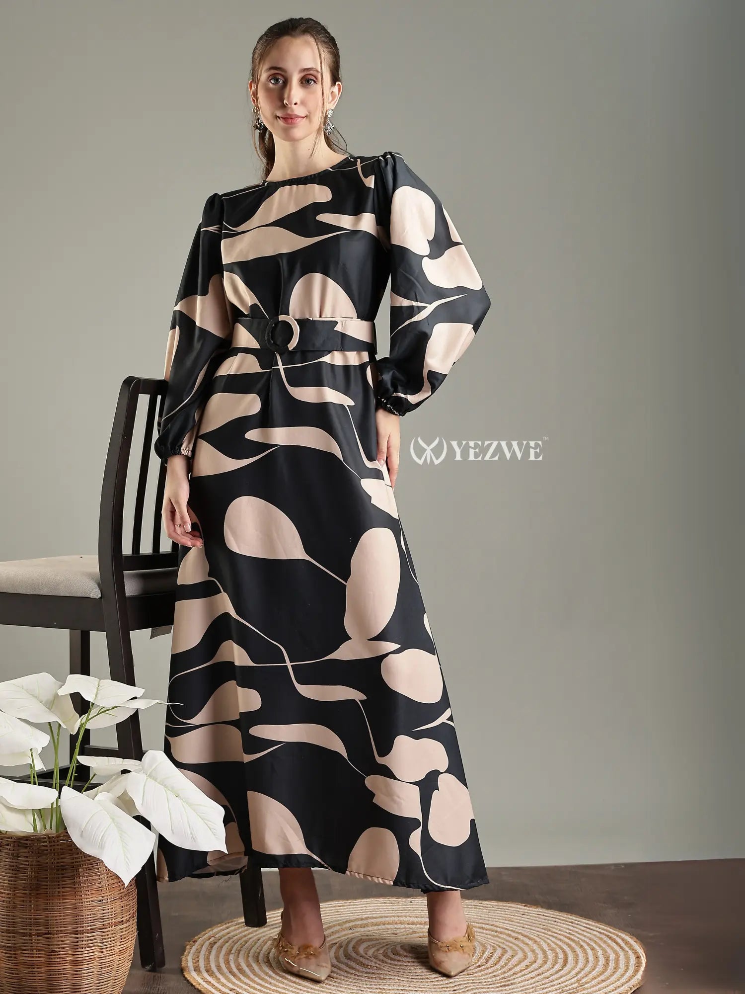 YEZWE black abstract print modest maxi dress with balloon sleeves and a cinched waist