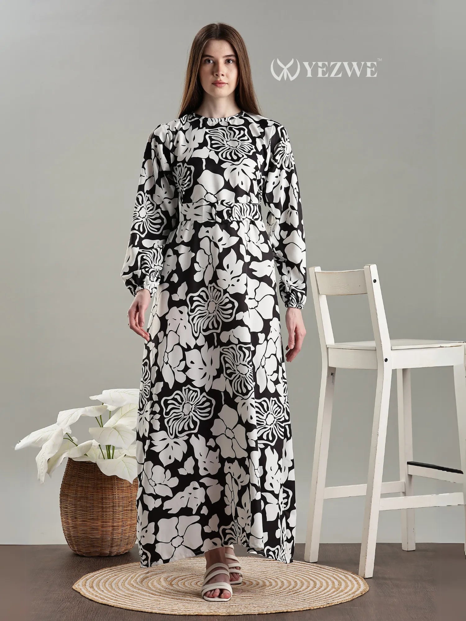 YEZWE Black And White Floral Full length Modest Maxi Dress with Long Sleeves and Elegant Design