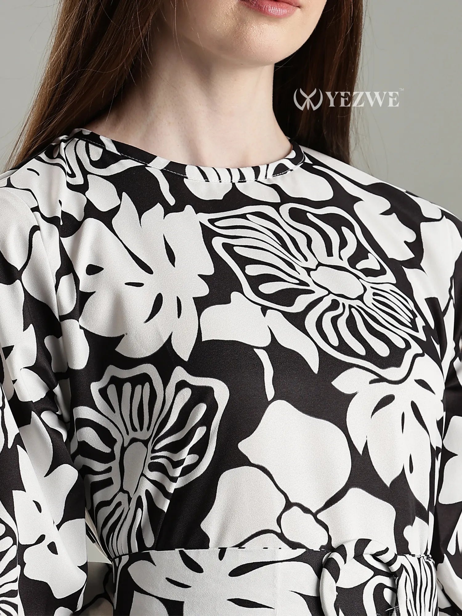 YEZWE Black And White Floral Full length Modest Maxi Dress featuring a chic floral design and elegant neckline