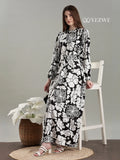 YEZWE Monochrome Bloom Belted Modest black And White Maxi Dress