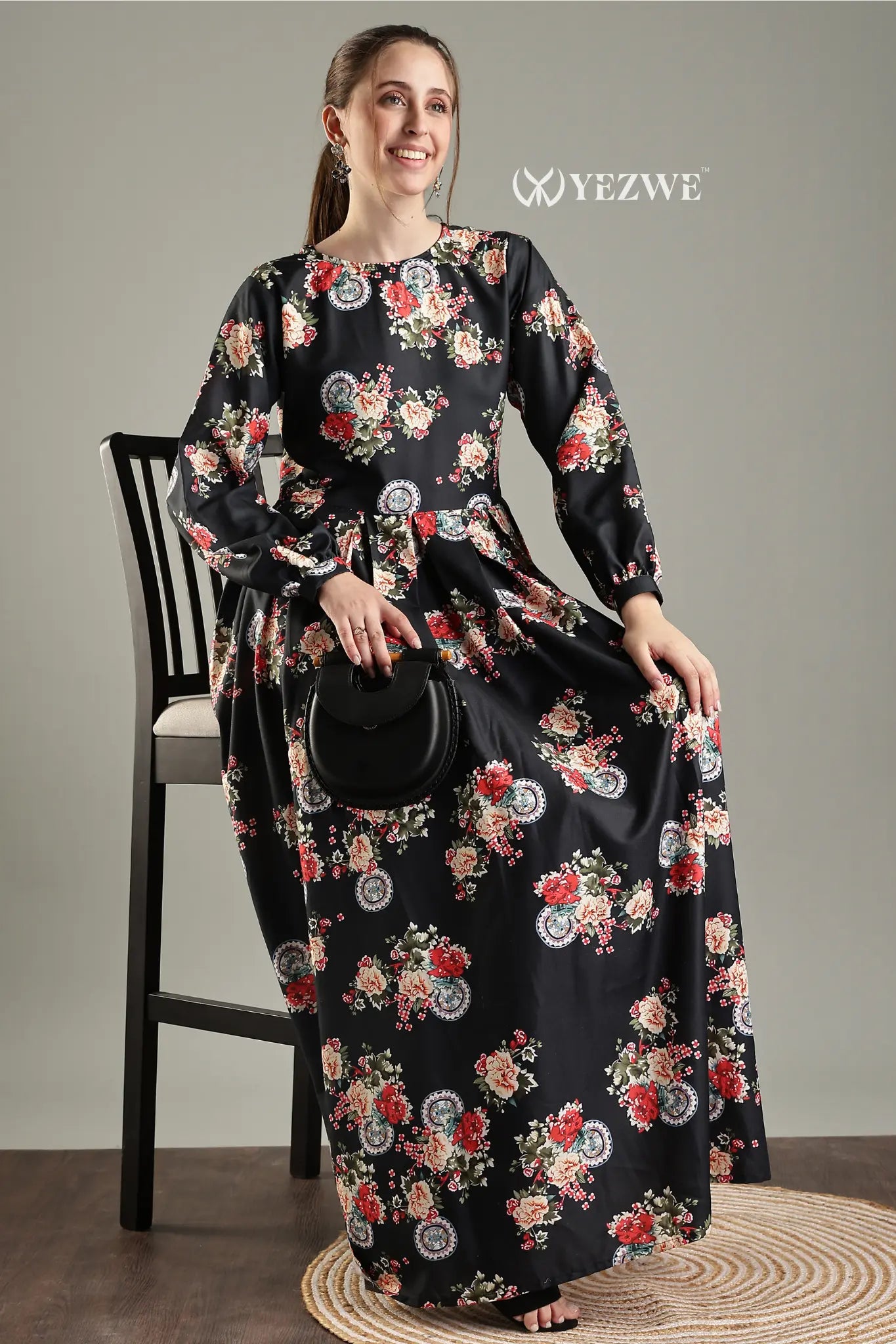 YEZWE Black Floral Maxi Dress with Long Sleeves and Flowing Skirt for Elegant Style