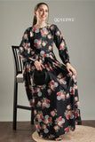 YEZWE Black Floral Maxi Dress with Long Sleeves and Flowing Skirt for Elegant Style