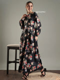 YEZWE Black Floral Maxi Dress with Long Sleeves and Flowing Skirt for Elegant Occasions