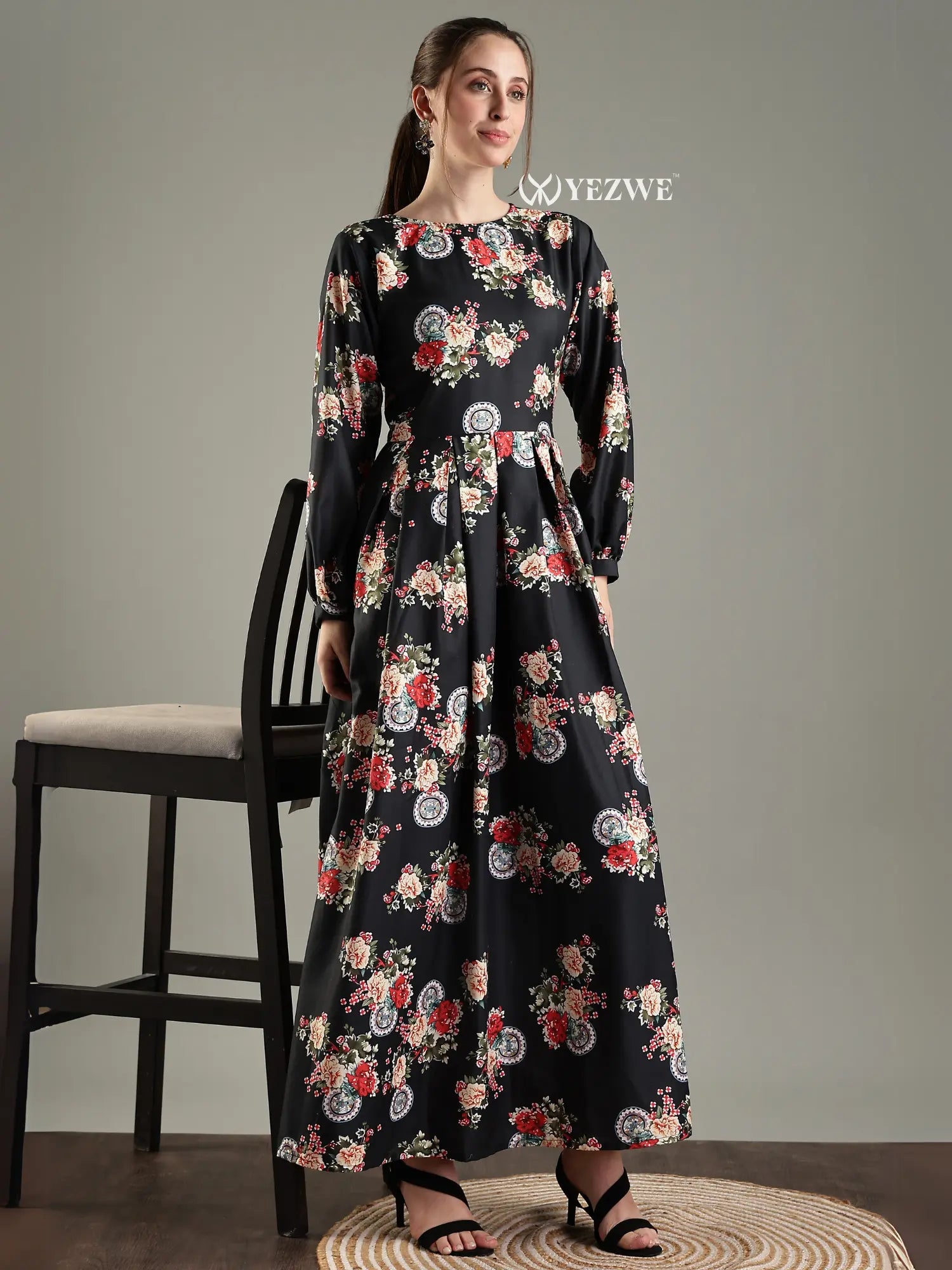 Yezwe Black Chinese Print Floral Maxi Dress for Women - Casual Modest Wear