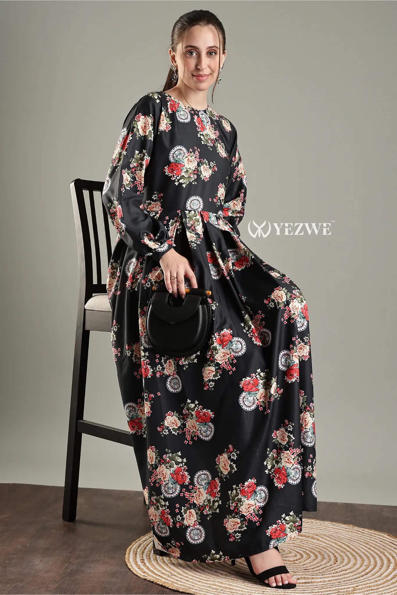 YEZWE Black Floral Maxi Dress with Long Sleeves and Floral Pattern, Perfect for Casual or Semi-Formal Events