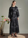 Yezwe Black Floral Print Belted Maxi Dress | Long Sleeve Party Modest Wear