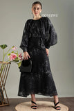 Elegant black floral print belted modest maxi dress by YEZWE, featuring puff sleeves and a stylish belt