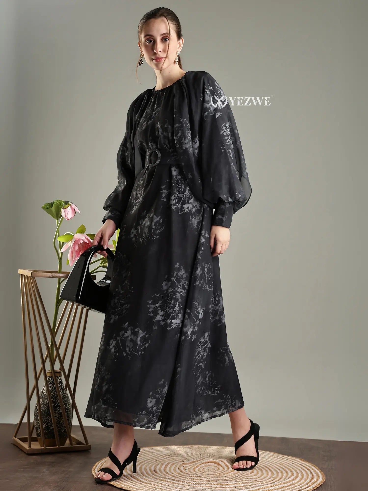 Stylish black floral print belted modest maxi dress from YEZWE, perfect for casual or elegant occasions.