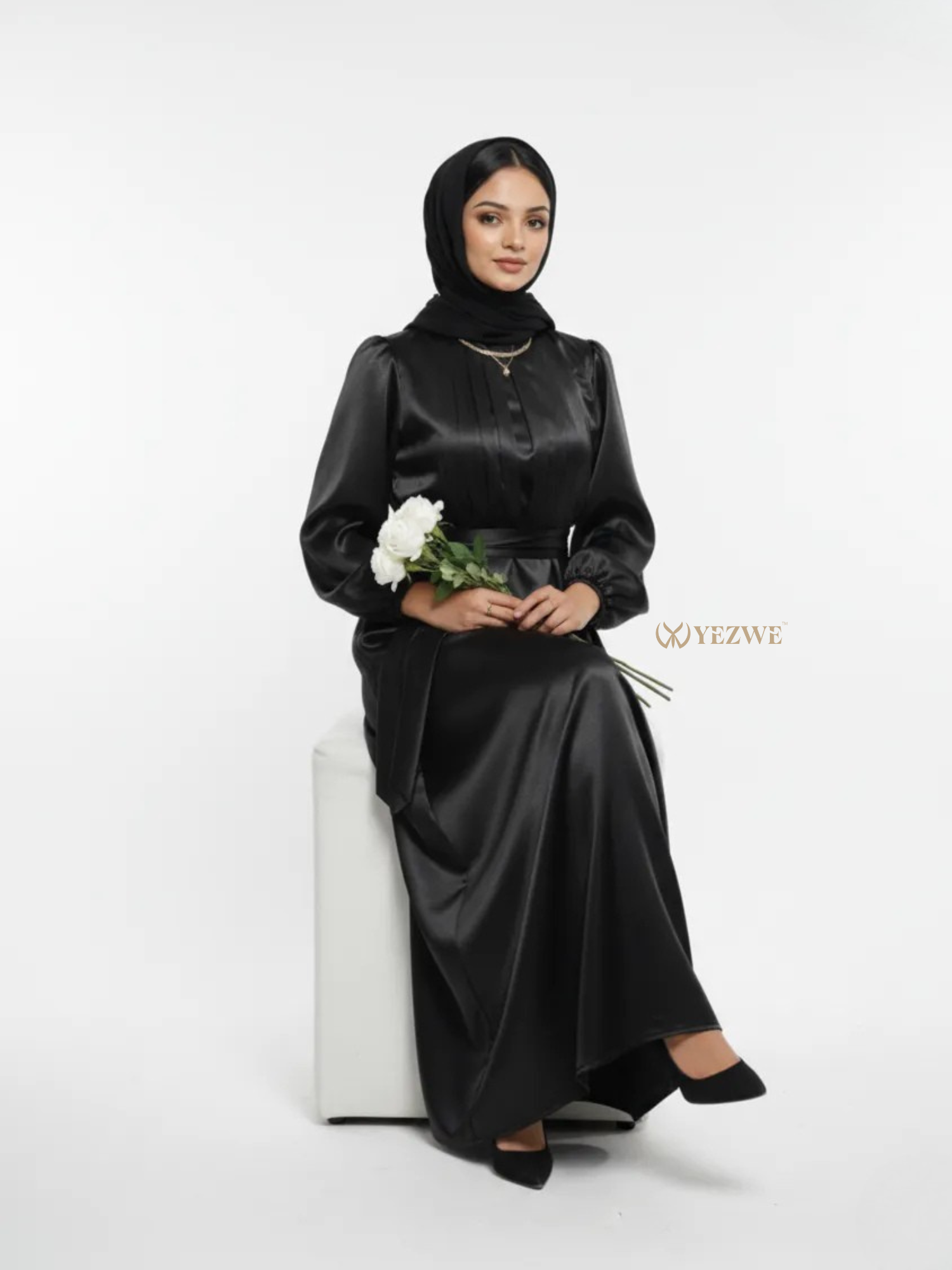 Elegant black Satin Maxi Dress by YEZWE featuring long sleeves and a modest design
