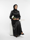Elegant black Satin Maxi Dress by YEZWE featuring long sleeves and a modest design