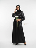 Elegant black Satin Maxi Dress by YEZWE with puff sleeves and a stylish belt for any occasion