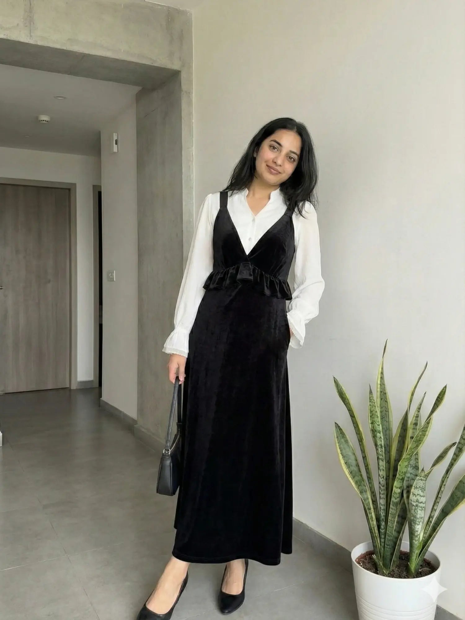 woman wearing black velvet pinafore modest maxi dress with white shirt styled indoors in an elegant pose