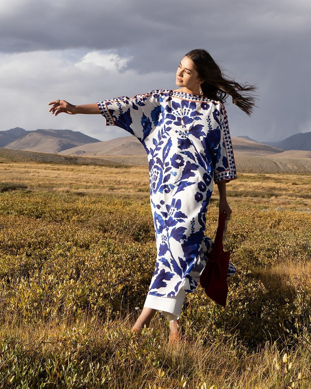 Yezwe Blue & White Floral Printed Co-Ord Set – Breathable Premium Fabric worn outdoors against a scenic backdrop