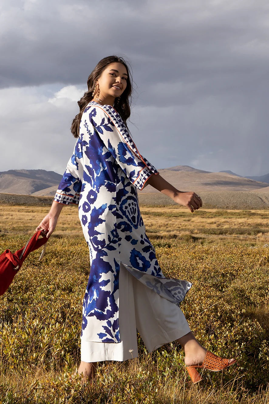 Yezwe Blue & White Floral Printed Co-Ord Set – Breathable Premium Fabric worn outdoors with natural landscape