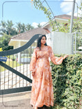Yezwe brown floral georgette maxi dress with long sleeves, perfect for elegant casual wear