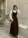 YEZWE Brown Velvet Pinafore Dress With White Inner Set, featuring a stylish layered design and a comfortable fit