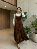 YEZWE Brown Velvet Pinafore Dress With White Inner Set, elegant and comfortable for casual outings