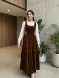 YEZWE Brown Velvet Pinafore Dress With White Inner Set, perfect for a stylish casual look