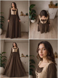 Collage showcasing YEZWE Brown Vintage Corset Modest Maxi Dress with full front view, top view, flowy silhouette, and close-up portrait highlighting the vintage corset bodice and elegant modest design.