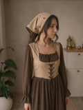 Woman wearing YEZWE Brown Vintage Corset Modest Maxi Dress with matching beige headscarf, featuring a lace-up corset bodice, square neckline, and elegant vintage-inspired modest styling.