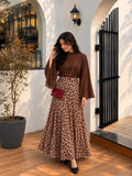 YEZWE Chocolate Brown Georgette Bell Sleeve Top & Classic Animal Print Skirt Set for Stylish Outfits