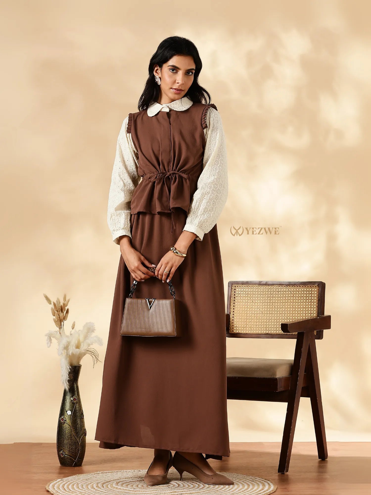 Yezwe Chocolate Brown Mom & Daughter Matching Maxi Dress styled with a white blouse and elegant accessories