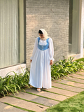 Stylish YEZWE Coquette Modest Maxi Dress in light blue with elegant detailing and flowy silhouette