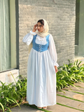 Elegant Coquette Modest Maxi Dress with Blue Bodice and Ruffled White Skirt for Stylish Occasions