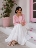 Yezwe Coral Crush Pink & White Pinterest-Inspired Skirt & Top Set worn by a woman sitting on steps