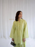 YEZWE Cotton Modest Co-ord Set in light green with long sleeves and button detail styled with black handbag