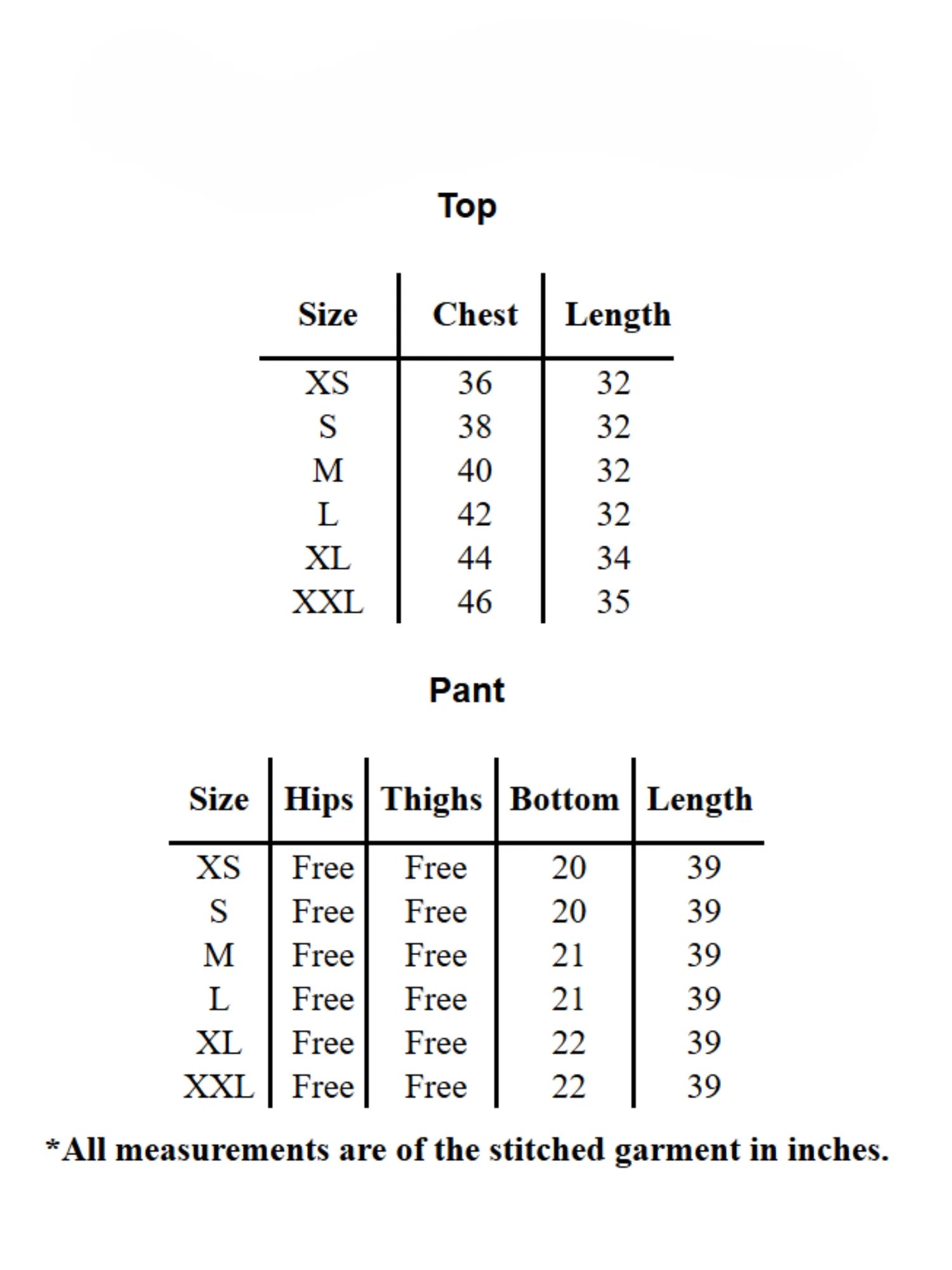 Size chart for YEZWE Cotton Modest Co-ord Set showing measurements for top and pants in inches