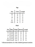 Size chart for YEZWE Cotton Modest Co-ord Set showing measurements for top and pants in inches