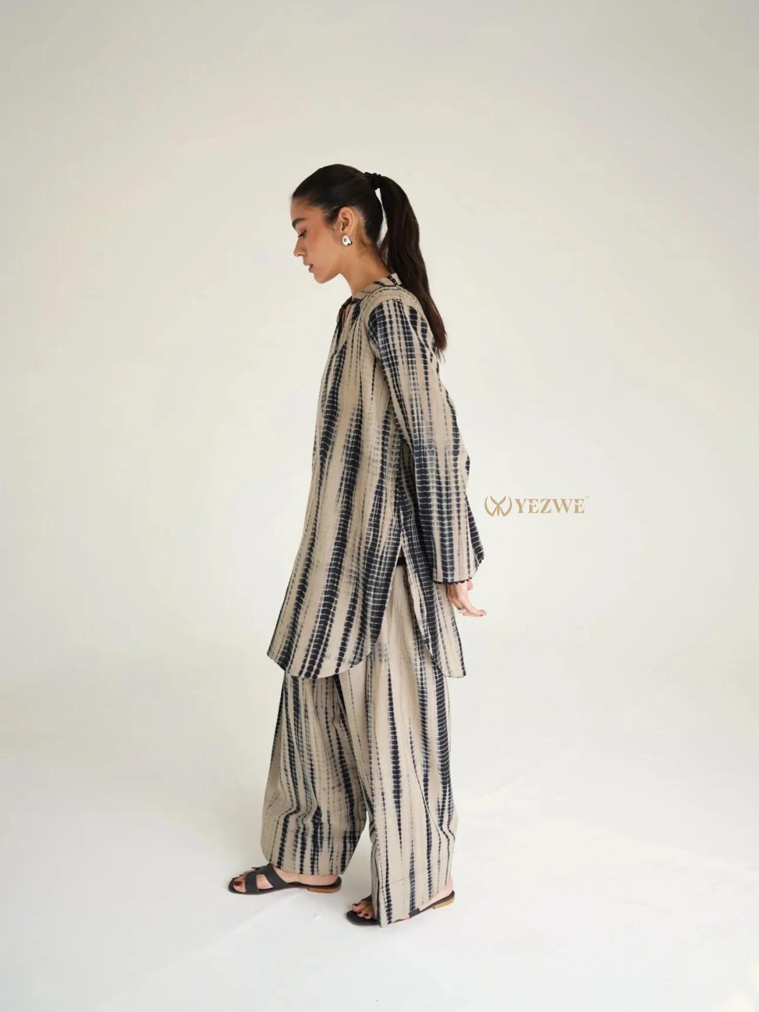 YEZWE Cotton Modest Co-ord Set featuring long striped top and wide-leg pants in neutral tones
