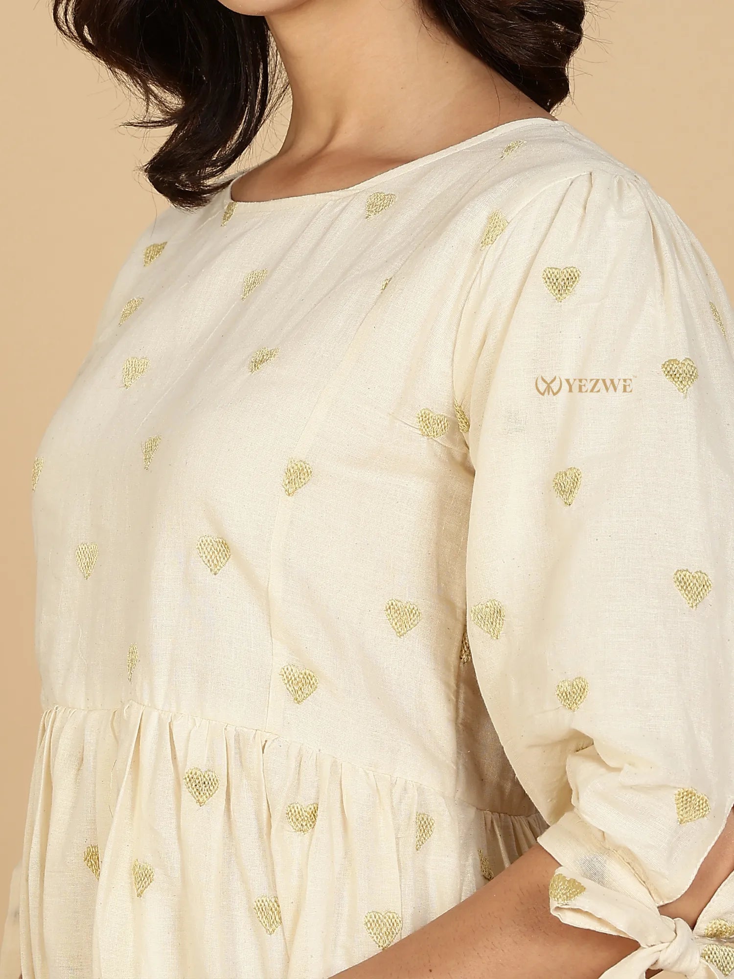 YEZWE Cotton Modest Maxi Dress cream with gold heart print puff sleeves and tied cuffs