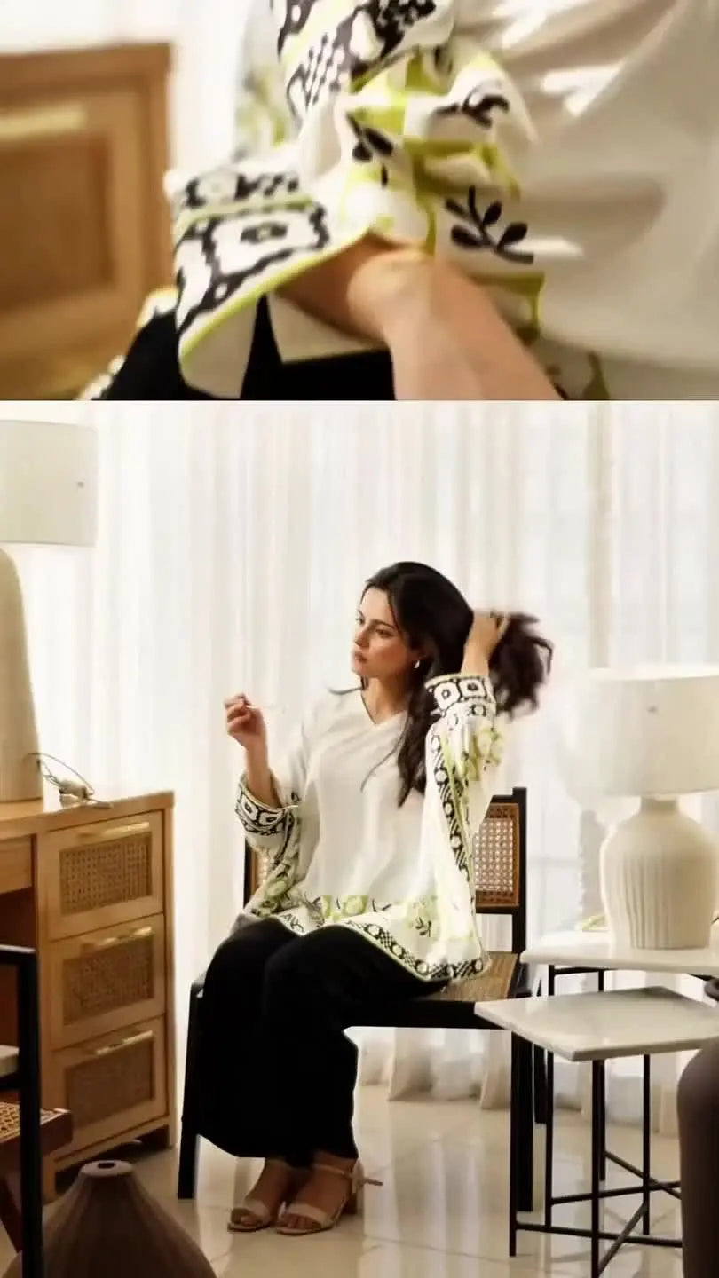 collage showing close up sleeve detail and woman wearing cream printed modest top sitting indoors