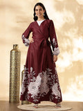 Customizable modest maxi dress by YEZWE in burgundy with floral print and wrap design