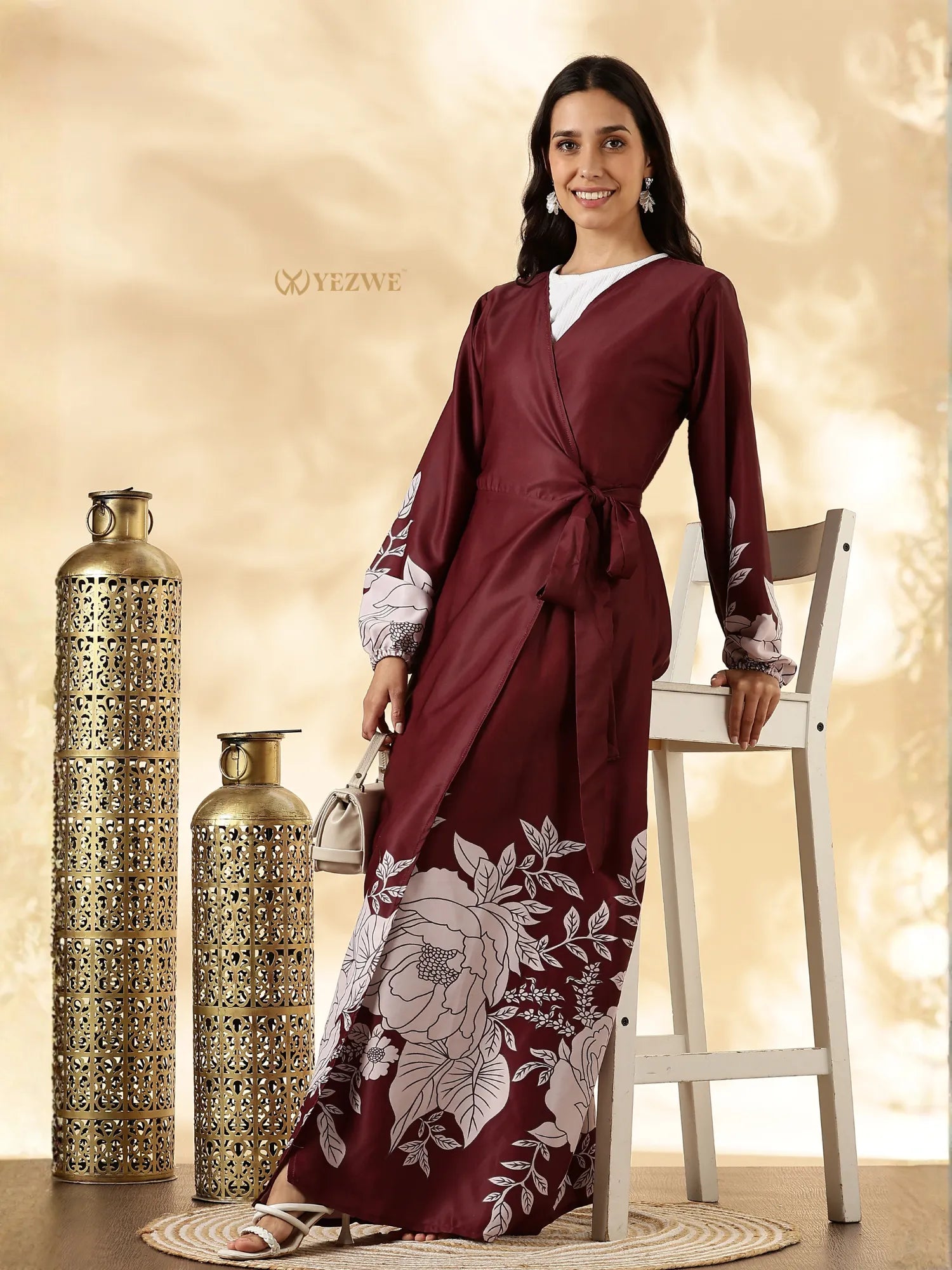 YEZWE customizable modest maxi dress in burgundy with floral pattern and elegant tie waist detail